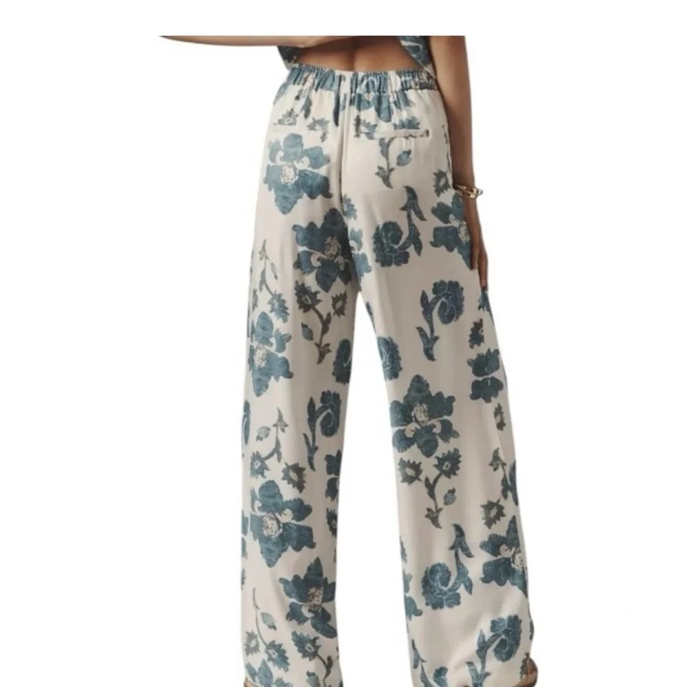 ANTHROPOLOGIE BLOCK PRINT GREEN AND WHITE SILKY TROUSERS SIZE MEDIUM TALL - Picture 9 of 12